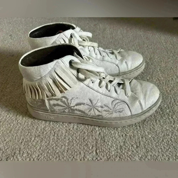 UGG Cali Palms Fringe Sneakers White Mens 8/womens 10 Leather High Tops Lace Up - Picture 1 of 12